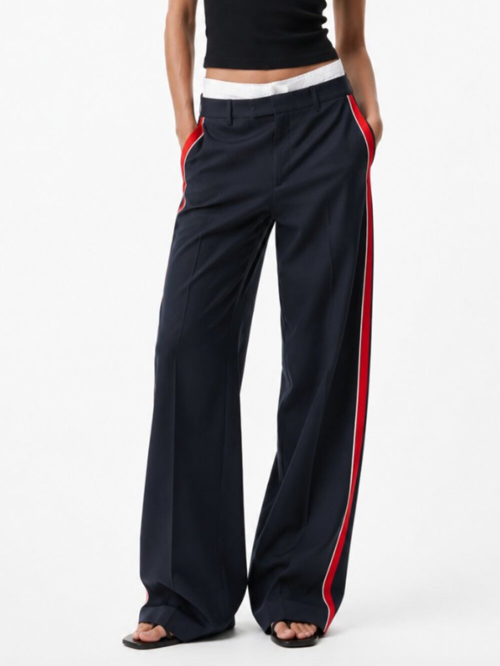 ZARA Blue Pinstripe Red Side Stripe Track Pant Style Trouser Pants White Band S